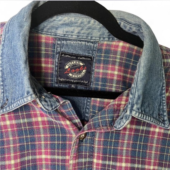 Vintage Looks Plaid Button Down Shirt XL Denim Collar Red White Blue - Picture 5 of 7